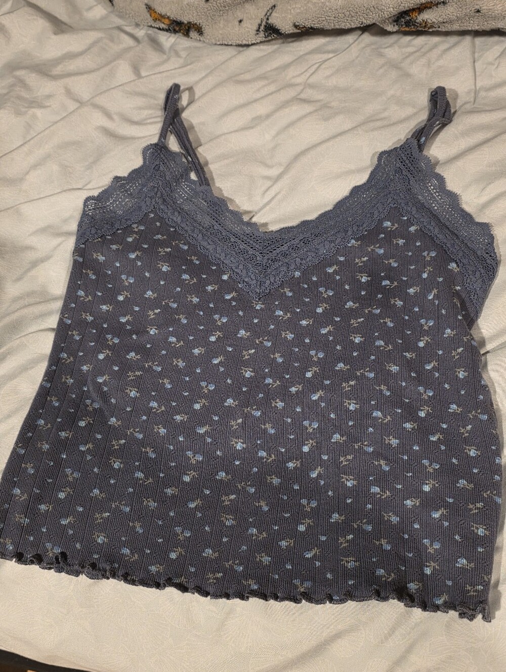 Womens American Eagle Size M Lace-Trim Floral Ribbed Cami Tank Top - Blue